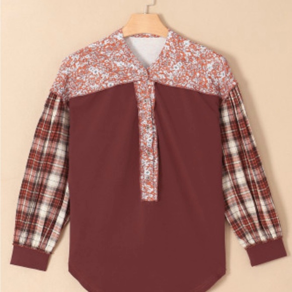Red Floral Plaid Mixed Print Bishop Sleeve Patchwork Top - Picture 4 of 9